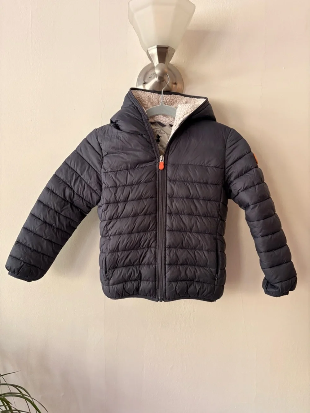 SAVE THE DUCK Kids Black Quilted Hooded Jacket with Cream Sherpa